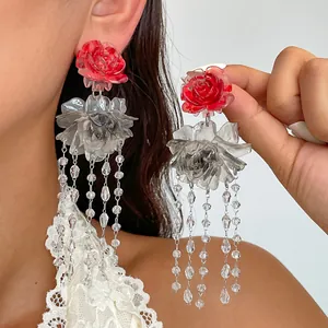 Western Retro Resin Blooming Flower Long Tassel Drop Earrings Silver Needle Red Black Transparent Rhinestone Earrings For Women