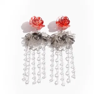 Vintage red and grey resin flower tassel earrings featuring dangling crystal bead chains