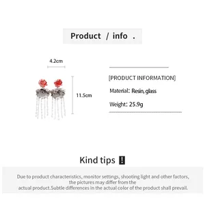 Detailed specs of vintage resin glass flower tassel earrings showing 11.5cm length and weight.