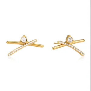 Eleganti orecchini a lobo a croce a X color oro con cristalli scintillanti per donna.