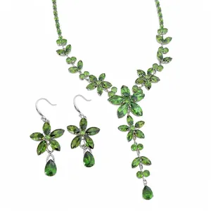 Elegant emerald green zircon flower necklace and matching teardrop earring jewelry set
