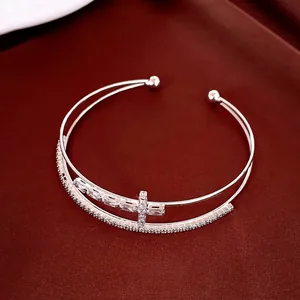 Luxury 18k gold plated double-layer cross open bangle set with sparkling zircons