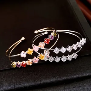 French Simple Double Layer Open Bangle For Women Light Luxury Copper Zirconia Bracelet Rhombic Square Geometric Hand Jewelry Gift