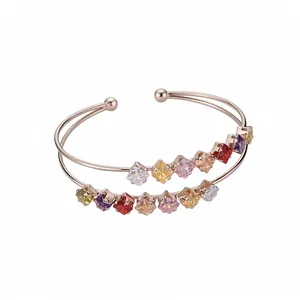 Französischer Einfacher Doppellagiger Offener Armreif Für Damen Leichter Luxus Kupfer Zirkonia Armband Rhombisch Quadratisch Geometrischer Handschmuck