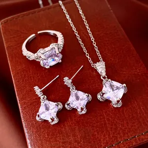 Rhombus Zirconia Jewelry Set For Women Silver Earring Post Clavicle Chain Necklace Adjustable Open Ring Luxury Korean Fashion Accessories