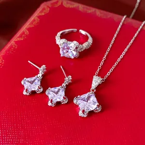 Elegant luxury lavender rhombus zircon jewelry set including necklace earrings and ring