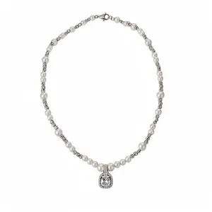 Vierkante Zirconia Hanger Kunstparel Ketting Voor Vrouwen Lichte Luxe Koper Zilveren Sleutelbeen Ketting Sieraden