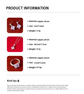 Produktdatenblatt für Schmuckset aus Kupfer mit lila Zirkonia Halskette Ohrringen und Ring