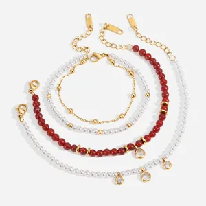 Stainless Steel Layered Bracelet For Women Vintage Gold Plated Red Agate Look Artificial Pearl Beaded Bracelet Rhinestone Pendant Adjustable Fashion Jewelry