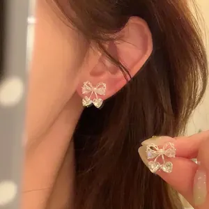 Boucles d'Oreilles Clous Nœud Style Coréen Tige en Argent Zirconia Incrusté Perle Artificielle Élégant Bijoux Femme