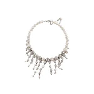 Elegant French style pearl choker necklace with crystal tassels for evening wear