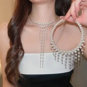 Elegant French court style pearl fringe choker necklace shown in detail on model