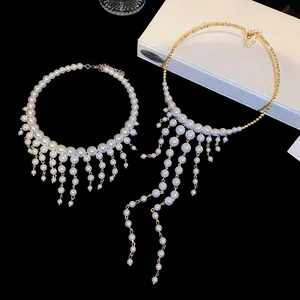 Macro view of French style pearl fringe chokers showing elegant luster and design