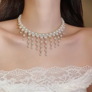 French Palace Style Artificial Pearl Tassel Choker Necklace Elegant Vintage Alloy Pearl Clavicle Chain For Women Banquet Jewelry