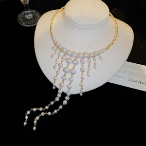 Detailed view of elegant pearl tassel choker necklace for banquet and evening wear