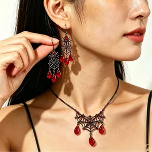 Halloween Donker Spinnenweb Sieradenset Gotisch Punk Geweerzwart Rood Strass Ketting en Oorbellen Set Voor Vrouwen Feest Accessoire