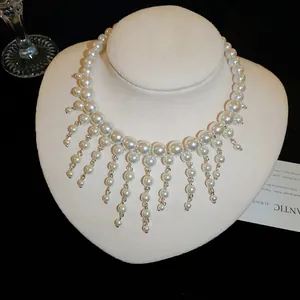 Elegant French palace style pearl tassel choker necklace for formal banquets and dresses