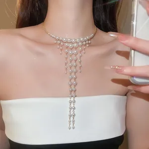 Exquisite elegant French style pearl tassel choker necklace for formal banquet events