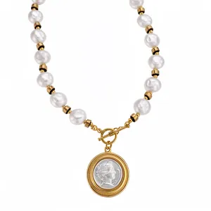 French Vintage Alloy Artificial Pearl Necklace For Women Gold Relief Portrait Coin Pendant Choker Retro Elegant Jewelry
