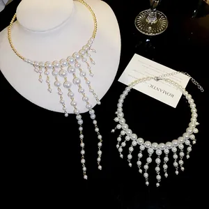 Elegant French-style pearl tassel necklaces with luxury gold-tone accents for parties.