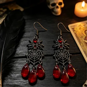 Gothic spin en spinnenweb oorbellen met rode waterdruppel edelstenen voor Halloween feest