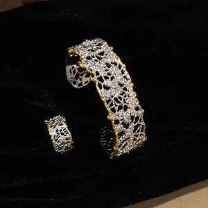 Gioielli Vintage in Rame Bicolore Oro Argento Bracciale Aperto E Anello Strass Texture Increspata Intagliato Accessori Per Donna