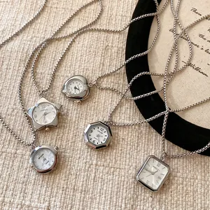 Vintage Silver Copper Geometric Pocket Watch Necklace Heart Star Polygon Pendant Long Chain Sweater Jewelry For Women