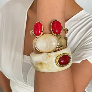 Vintage Hars Marmerpatroon Ovaal Geometrisch Open Armband Goud Legering Chunky Armband Gepersonaliseerde Sieraden Voor Vrouwen Banket
