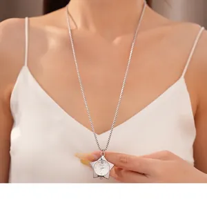 Silver star-shaped pocket watch pendant necklace on a long box chain for women