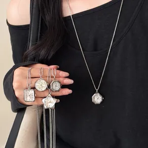 Korean Style Minimalist Heart Polygon Pocket Watch Pendant Necklace For Women Retro Geometric Silver Plated Copper Sweater Chain Jewelry