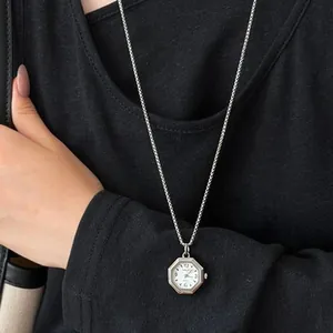 Elegant Korean style minimalist silver octagonal watch pendant necklace for women
