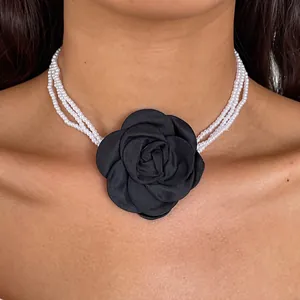 Vintage Multilayer Artificial Pearl Necklace For Women Large Fabric Camellia Flower Pendant Choker Personality Fashion Jewelry