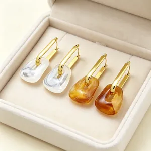Geometric Paperclip Hoop Earrings Stainless Steel Gold Plated Hollow Resin Square Pendants Marble Pattern Amber Smudge Jewelry For Women Commute Fashion