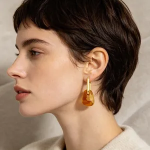 Modern gold-plated titanium hoop earrings with amber resin geometric charms for women