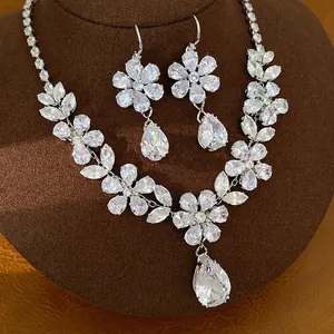 Elegant zircon flower and water-drop necklace and earrings jewelry set for women