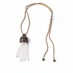 Bohemian Vintage Wood Shell Artificial Pearl Tassel Pendant Necklace Braided Leather Cord Handmade Long Sweater Chain For Women Jewelry