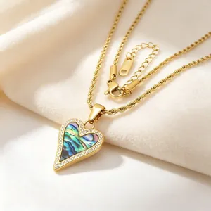 Collier Pendentif Coeur En Acier Inoxydable Pour Femme Plaque Or Nacre Coquille D'Abalone Incrustee Chaine De Corde Bijoux