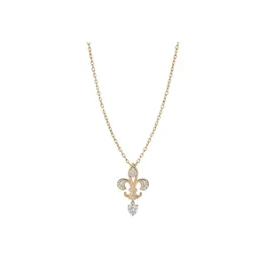Collier Pendentif Cœur en Zirconia Plaqué Or 14K pour Femmes Fleur-de-lis Élégante Chaîne de Clavicule Bijoux Cadeau