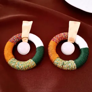 Ethnic Style Cotton Rope Woven Round Pendant Stud Earrings For Women With 925 Sterling Silver Post Gold Iron Resin Jewelry