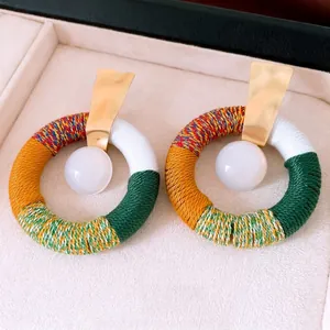 Elegant handmade cotton rope and resin round hoop drop earrings with 925 silver needle