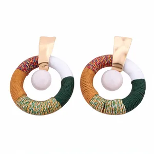 Boucles d'Oreilles Clous Pendentif Rond Tissé en Corde de Coton Style Ethnique Pour Femmes Avec Tige en Argent Sterling 925