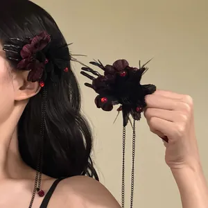 Gothic Halloween Rose Flower Skull Hand Tassel Hair Clip Vintage Dark Style Duckbill Clip Women Party Hair Accessories