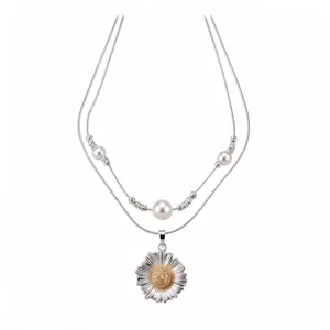 Women Double Layer Daisy Flower Pendant Necklace Silver Gold Copper Zirconia Artificial Pearl Choker Fashion Jewelry