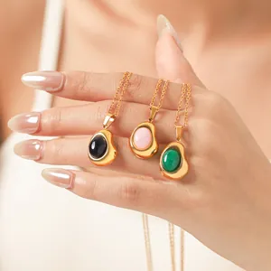 18K Gold Plated Stainless Steel Irregular Bean Natural Stone Pendant Necklace Vintage Style Women Clavicle Chain Jewelry