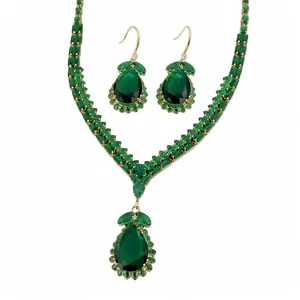 Vintage Kupfer Zirkonia Schmuckset Für Damen Smaragdgrün Wassertropfen Halskette Ohrring Set Vergoldet Bankett Party Geschenk