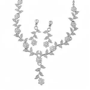 Luxury Zirconia Leaf Flower Necklace Earrings Jewelry Set For Women Silver Color Rhinestone Clavicle Chain Accessories