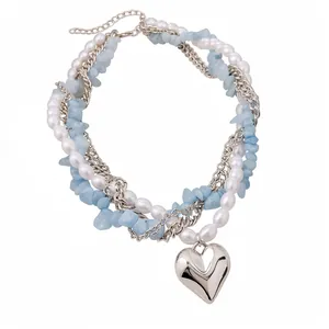 Élégant Collier Multicouche Perle Artificielle Pierre Naturelle Perlé avec Pendentif Cœur pour Femmes Bijoux de Mode Argent