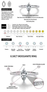Macro view of 0.50ct marquise-cut moissanite ring in S925 sterling silver setting