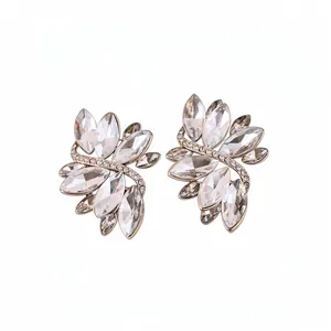 Luxury Alloy Rhinestone Oval Necklace Earrings Silver Post Elegant Tassel Chain For Women Banquet Wedding Jewelry Gift