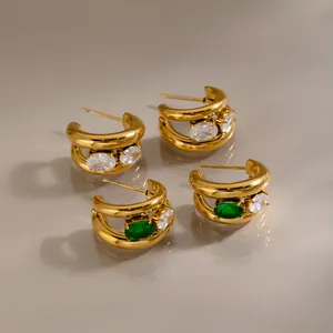 Boucles d'Oreilles Clous Géométriques en Forme de C en Acier Inoxydable Plaqué Or pour Femmes Bijoux à Double Couche avec Strass